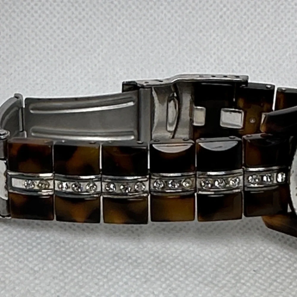 Brighton Women's Silver and Brown Tortoise Link Heart Watch w/ Rhinestones 2.75”